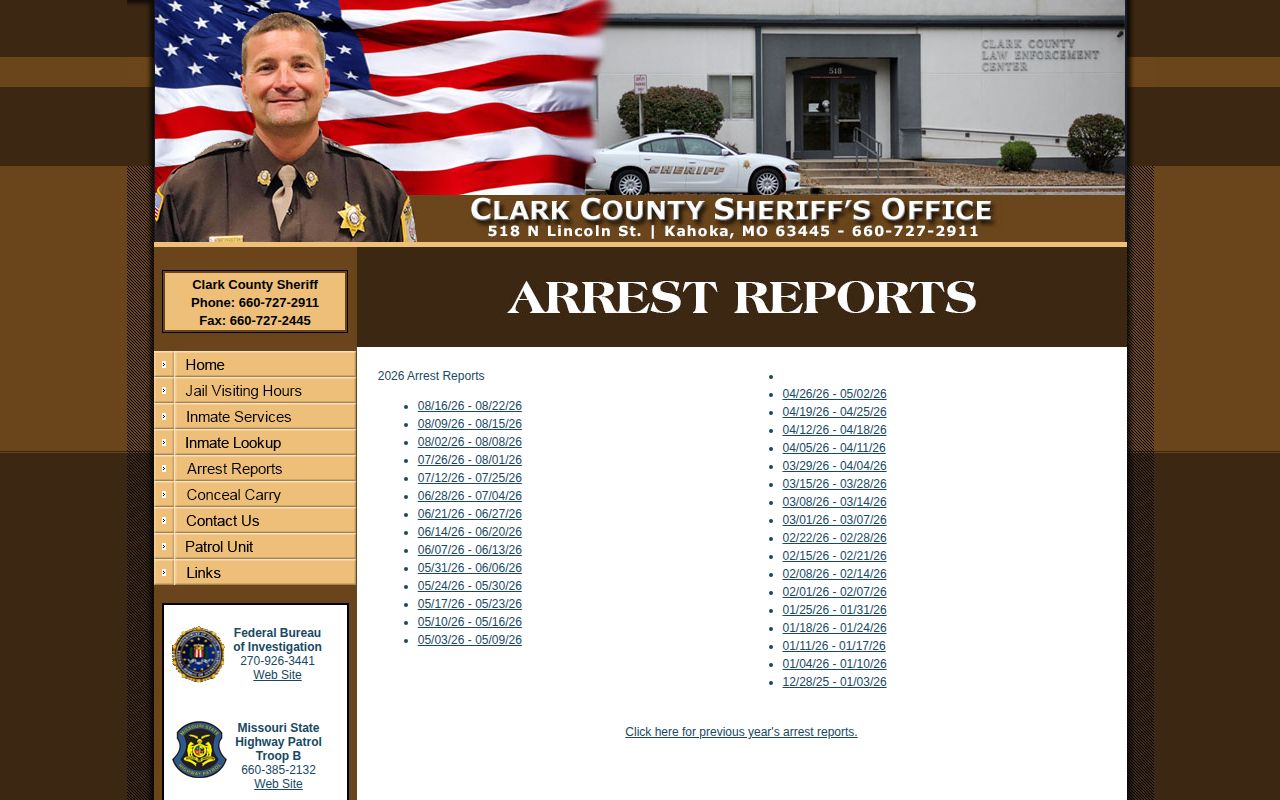 Clark County Missouri official arrest-report index with date-window PDF records